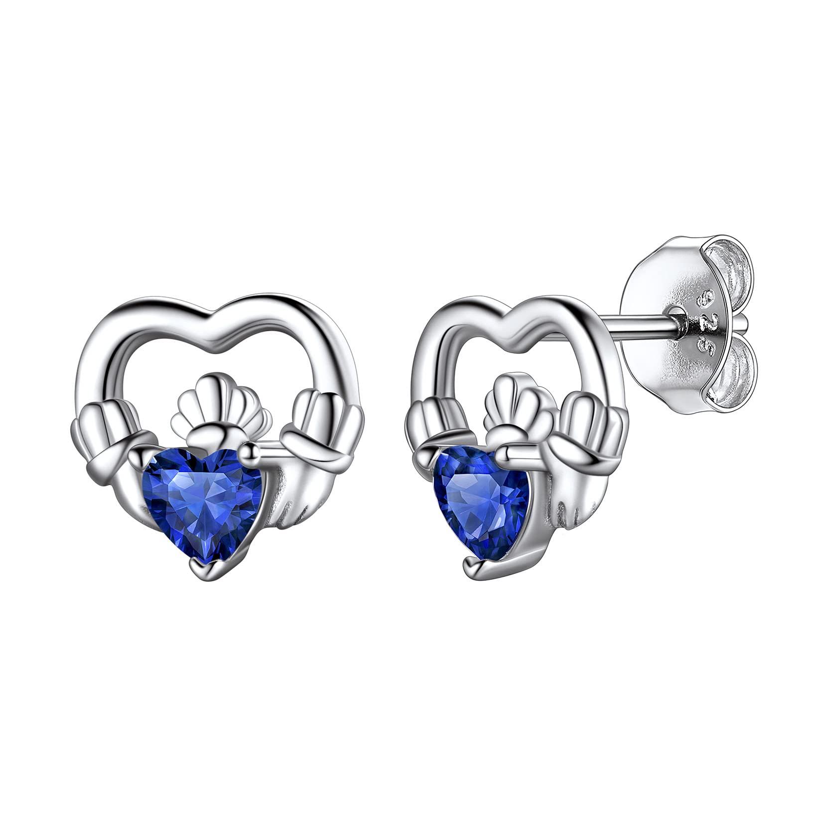 Hypoallergenic 925 Sterling Silver Claddagh Celtic Knot September Birthstone Blue Sapphire Earrings, Birth Stone Jewelry Dainty Cute Stud Heart Shaped Hoop Earrings for Women Teen Girls