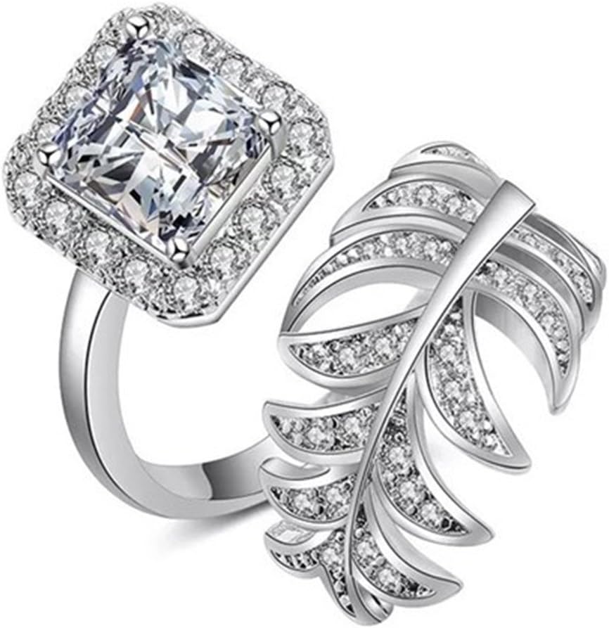 Party Ring Peacock Feather Adjustable Women's Elegant Cubic Zirconia Silver-Tone