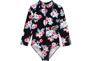 HOOBABE Kids Girls Rash Guard Long Sleeve One Piece Swimsuits Zipper Bathing Suits UPF 50+ Tropical Plant Flowers Ages 3-12