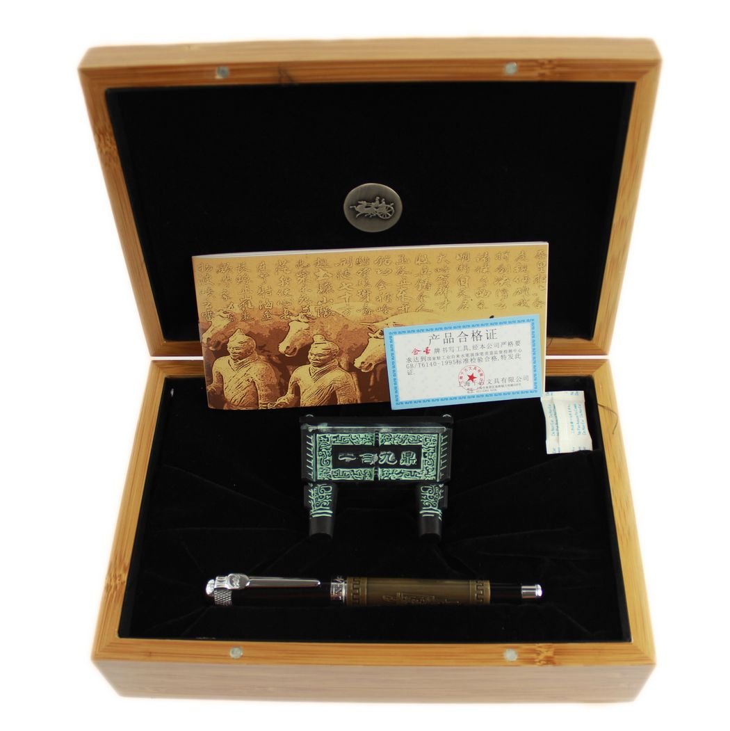 Gullor Deluxe Jinhao Fountain Pen Bronze 3D Carved with Nice Bamboo Gift Box and Black Metal Tripod