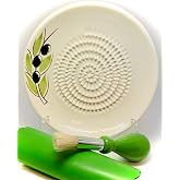 BonCera, Ceramic Garlic Grater Plate 4-Piece Set - White Olive | Includes 5.25" Plate, Peeler, Brush, and Stand - For Garlic, Ginger, Fruits, Strawberries, and more!