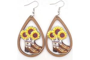 Vintage Boho Cowgirl Boots Hat Daisy Cowboy Cow Head Bohemian Western Country Style Wood Teardrop Dangle Earrings for Women
