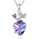 CTIEIP Mermaid Birthstone Necklace for Women 925 Sterling Silver Jewelry Austrian Crystal Pendant Christmas Gifts for Her