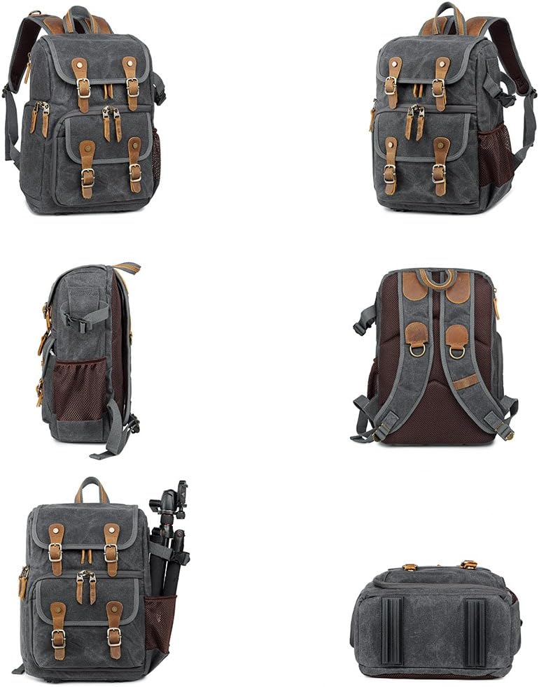 YuanWen DSLR Camera Canvas Backpack Large Capacity Front Open Waterproof Anti-shock SLR/DSLR Camera Rucksack Camera Travel Bag Professional Camera Bag Gray - Image 4