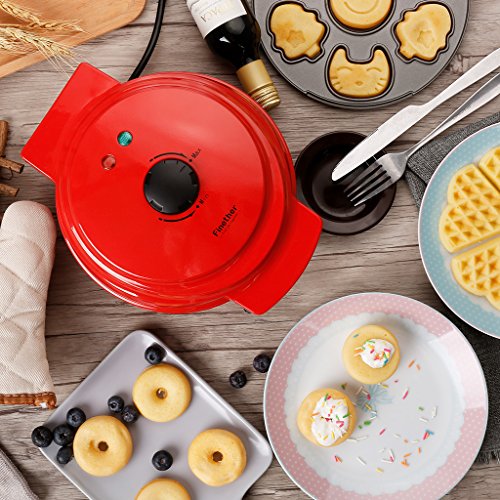 Finether Mini 3-in-1 Non-Stick Snack Maker, Aluminum Multi-Plate Waffle Iron for Donuts Heart-Shaped Waffles Cartoon Cakes, Adjustable Temperature, Easy to Clean, Cord Wrap & Cool Touch Handle, Red - Thumbnail 7