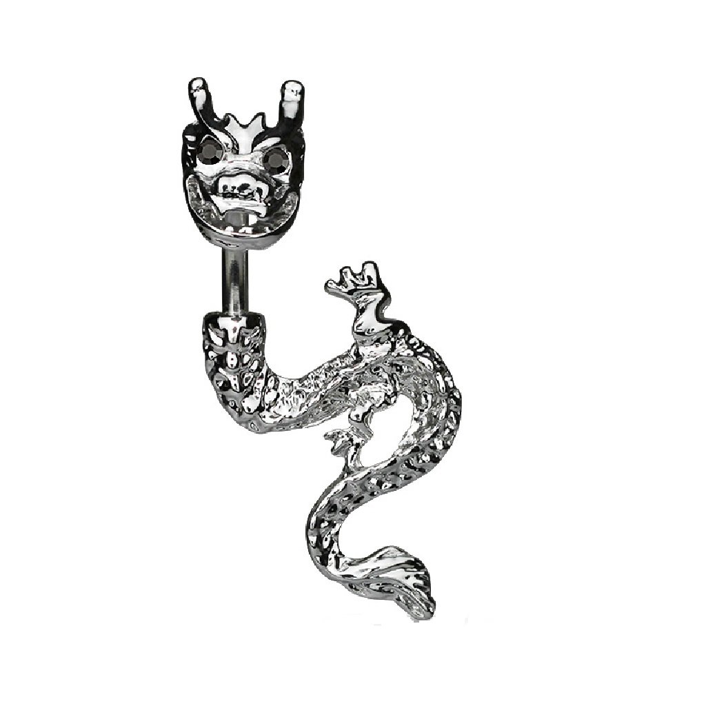 PiercedOff 316L Surgical Steel Belly Bar with Rhodium Plated Dragon and Black CZ Eyes - Thickness 14GA (1.6mm) / Length 10mm / Head Size 10mm and Tail 20mm