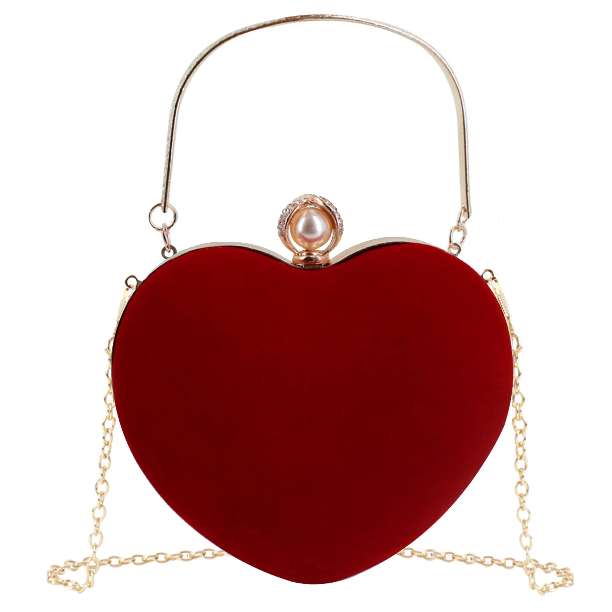 Megauk Heart Shoulder Bag Heart-Shaped Handbag Bridal Dress Small Evening Bag Elegant Shoulder Bag Clutch with Additional Chain for Prom Party Wedding Red Size: One Size