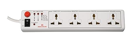 Anchor by Panasonic Spike Guard 4-Way Socket with Single Switch (White)