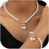 Pearl Necklace and Bracelet Set for Women White Pearl Heart Necklace with Dainty Pearls Bracelet Elegant Pearls Jewelry Gifts