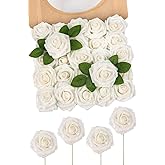N&T NIETING Artificial Flowers Glitter Roses Flowers 25pcs White Foam Shiny Roses Real Looking Fake Roses with Stem for DIY Wedding Bouquets Centerpieces Bridal Shower Party Home Decorations