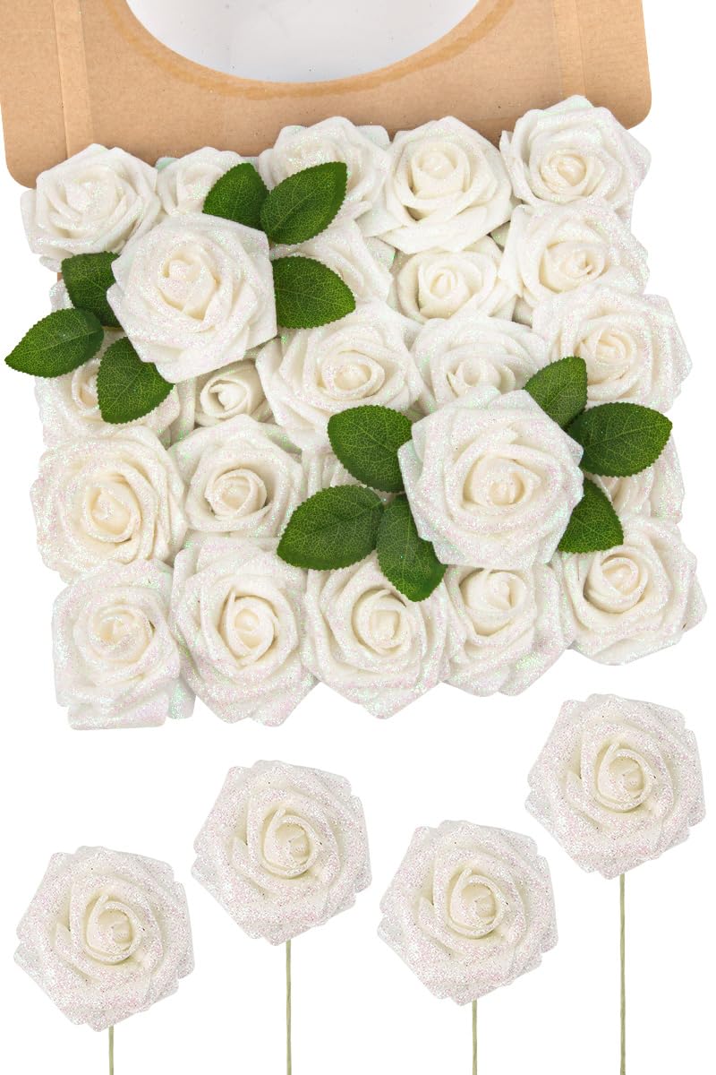 N&T NIETING Artificial Flowers Glitter Rose, 25pcs Fake Roses Flowers with Stems Real Touch Faux foam Roses for Wedding Bouquets Party Baby Shower Home Halloween Christmas Decoration(White)