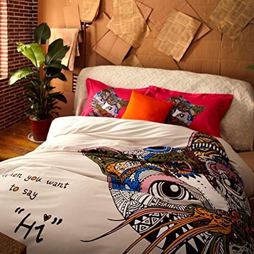 Hyam 100% Advanced Cotton Multicolor Cartoon Owl Picture 200 Thread-count 3pc Duvet Cover Sets with Additional Free Fitted Sheet As Gift (Beige Owl, Queen)