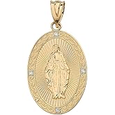 Religious Jewelry 10k Yellow Gold Blessed Virgin Mary Miraculous Oval Medal Diamond Pendant (1")