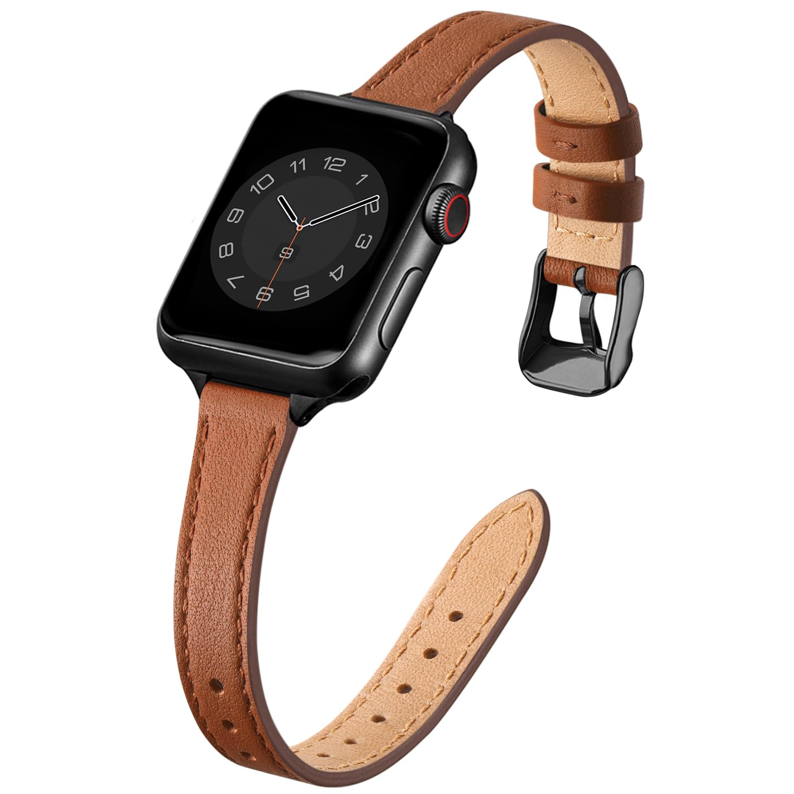 SUNFWR Compatible with Apple Watch Strap 42mm 44mm 45mm,Genuine Leather Strap Replacement,Slim&Thin Wristband for iwatch Series 7/6/5/4/3/2/1,SE(42mm 44mm 45mm,Brown&Black)