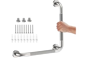 IHANSEE Angled Grab Bar 16x16 Inch Stainless Steel Knurled Toilet Handles Wall Mounted Bathroom Handicap Safety Rails for Elderly Injured Balance Support, L-Shaped Brushed Nickel Grab Bar for Shower