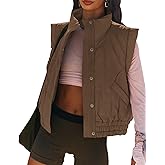 EGOCKAL Women's Lightweight Puffer Vest Button Down Crop Quilted Vest Coat Stand Collar Sleeveless Padded Gilet With Pockets