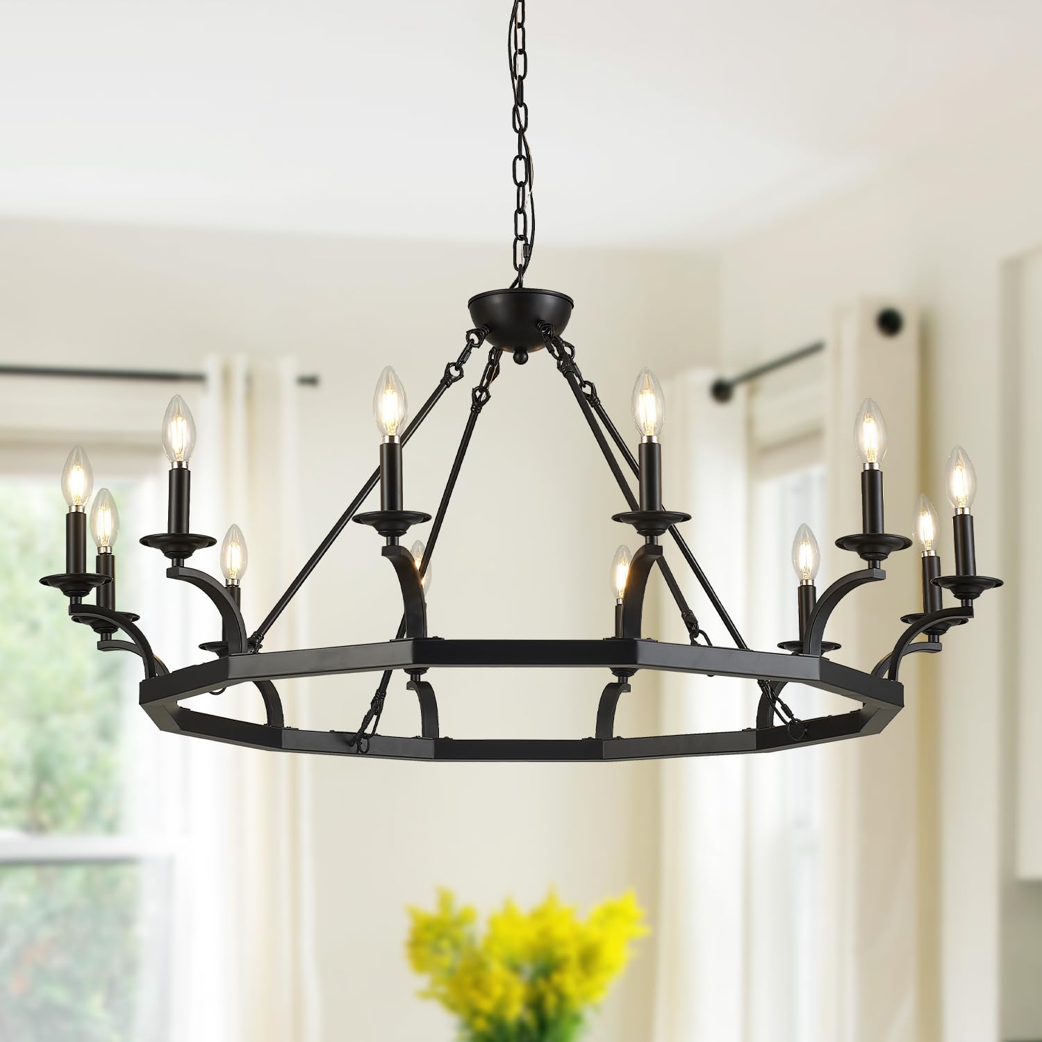 Photo 1 of brfaixla 43'' Wagon Wheel Chandelier 12 Lights Industrial Black Metal Ceiling Pendant Chandelier Rustic Hanging Lights Adjustable for Kitchen, Living Room, Dining Room, Entryway, E12 Base