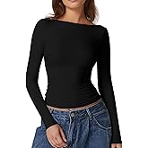QINSEN Women's Sexy Open Back Long Sleeve Shirts High Neck Double Lined Tees Fitted Going Out Tops