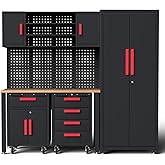 Tsnritor 6Pcs Garage Cabinets Storage System with Rolling Chest,Red Handle | Garage Workshop Set with Steel Cabinet, Cabinet Drawers, Workbench, Pegboard for Tool Organization