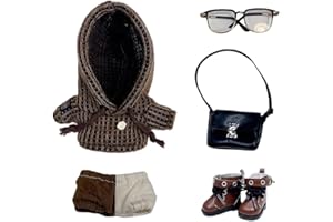 niannyyhouse 10cm 15cm 20cm Plush Doll Clothes Woolen Hoodie Pants Backpack Glasses Leather Shoes Color Blocked Outfit Doll Dress Up (Dark Brown-20cm)