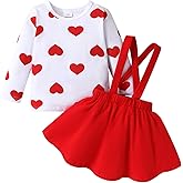 Toddler Baby Girl Valentine's Day Outfit Long Sleeve Dot Heart Shirt Top+Suspender Strap Red Skirts Set(1-6T)