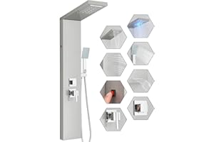FUZMONOERE FUZ Shower Panel Tower System, Stainless Steel 5 IN 1 Shower Panel System with LED Fancy Rain Shower Head and Handheld, Adujstable Rainfall Massage Body Jets and Tub Spout, Brushed Nickel Shower Tower