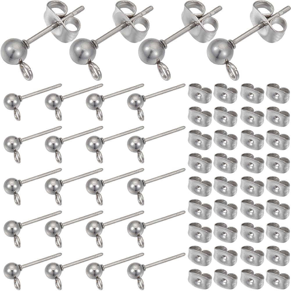 SOFPLATE 1 Box 100Pcs Ball Stud Earring Finding Hypoallergenic Earring Posts Silver Stainless Steel Ear Studs with Butterfly Ear Back and Loop Round Earring Posts for DIY Jewellery Making Supplies