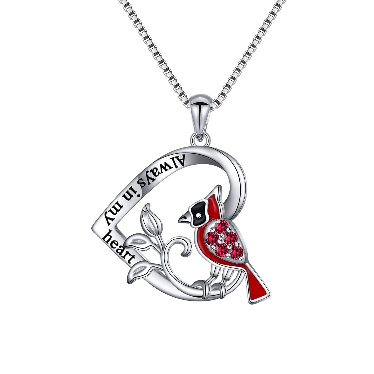 DAOCHONG 925 Sterling Silver Red Bird Cardinal Heart Pendant Necklace for Women Always in My Heart Memorial Keepsake Sympathy Jewellery Gift