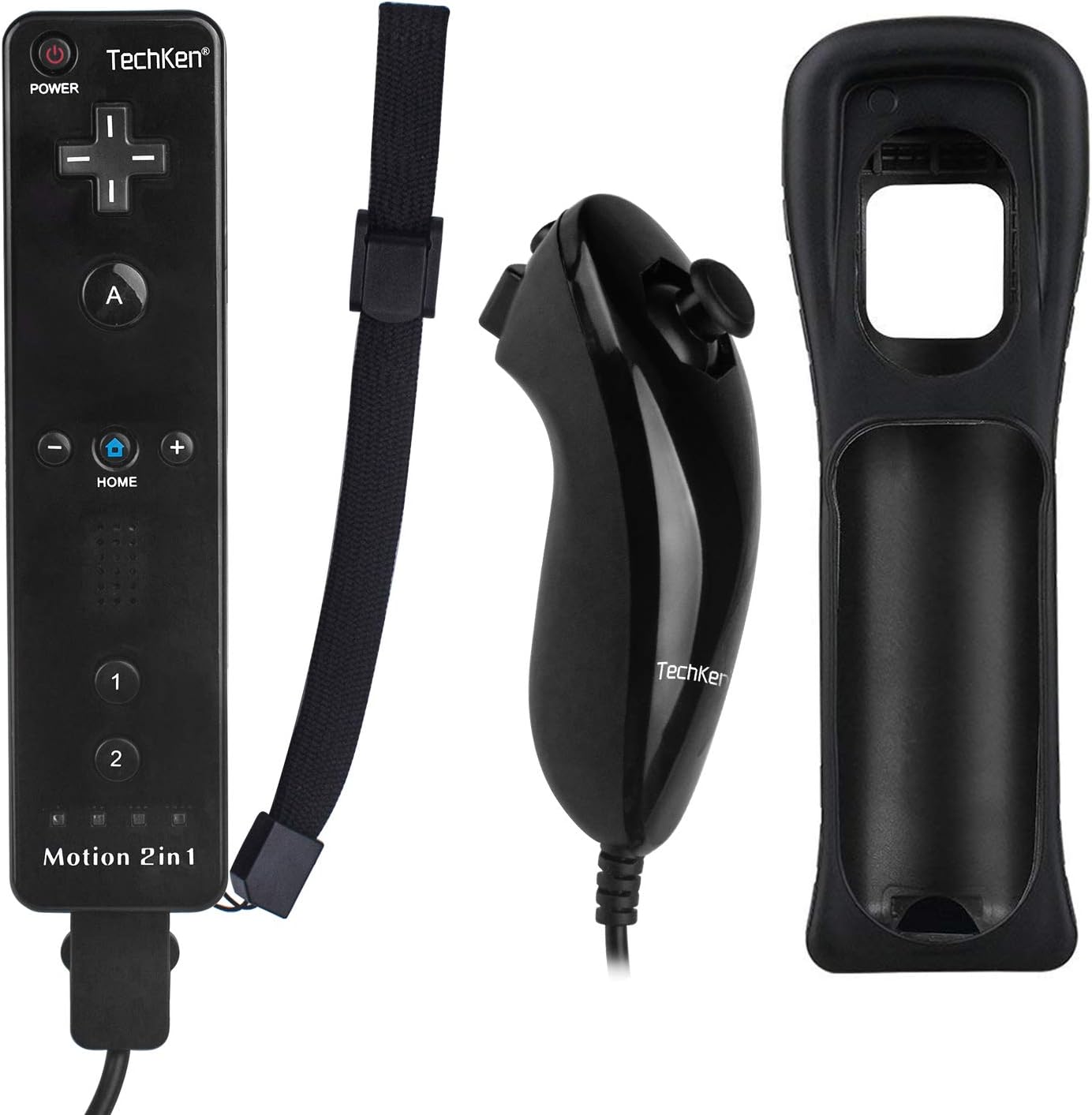 TechKen Remote Controller for Wii Built-in 2 in 1 Motion Plus with Silicon Case and Nunchuck (Black)