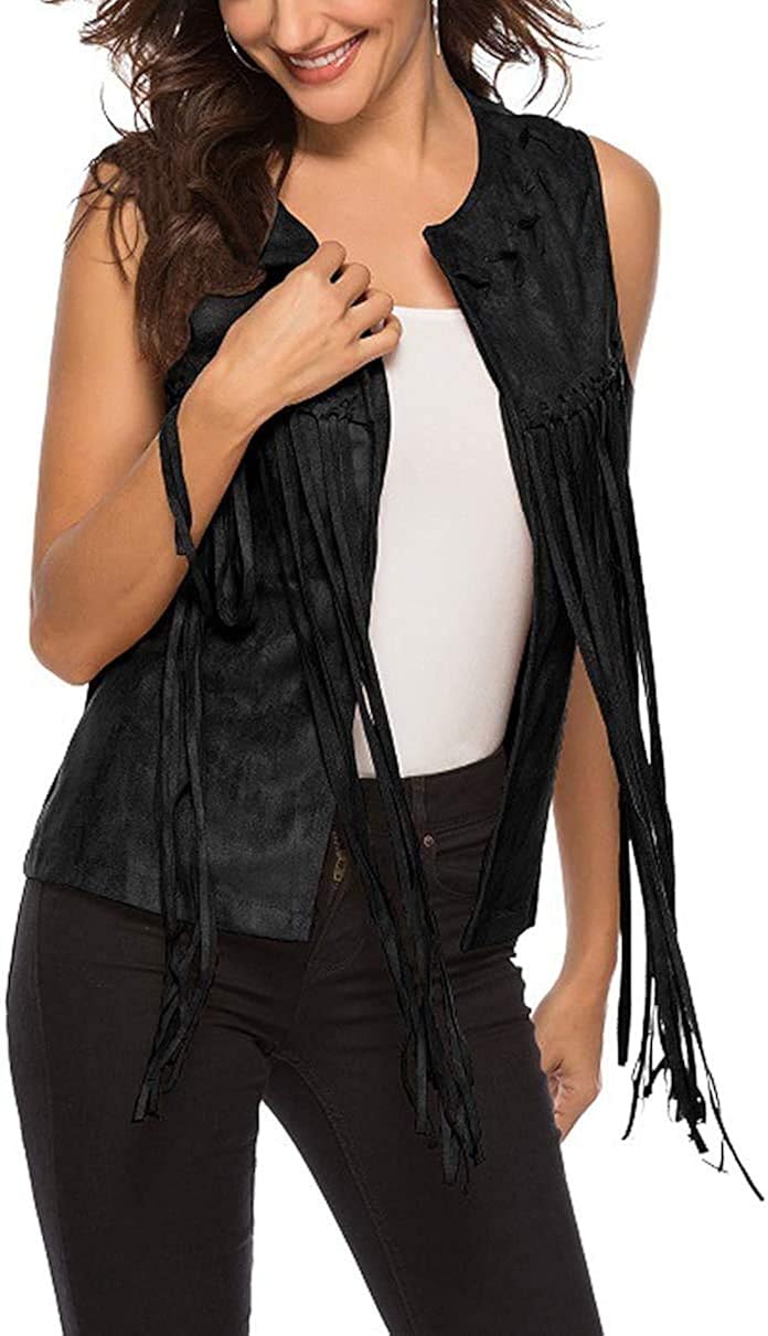 Women's Vintage Fringe Open Front Suede Leather Vest Jacket Waistcoat