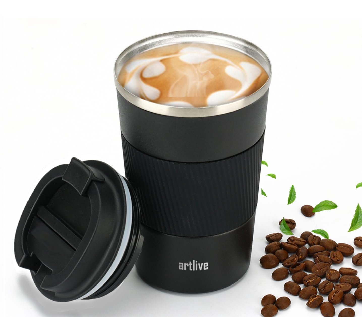 Artlive Travel Mug, Coffee Cup Insulated & Reusable Travel Cup - Thermal Stainless Steel Eco-Friendly with Leakproof Lid - Hot & Cold Coffee Mug 380ml (BlackGrip, 380 ml) — image 1