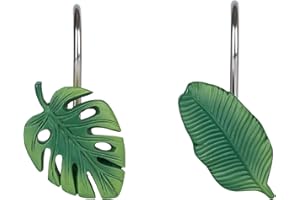 SUNLIT Tropical Leaf Decorative Shower Curtain Hooks Green Botanical Shower Curtain Rings, Resin, Monstera Deliciosa Strelitzia Reginae Leaves Shower Curtain Hangers for Bathroom, Set of 12