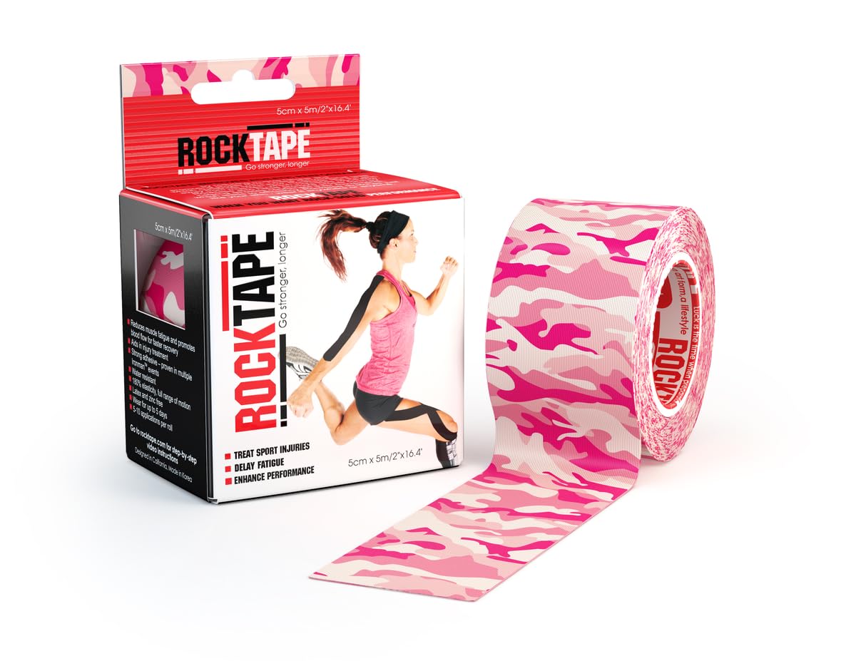 RockTape Unisex Uncut Std Kinesiology Tape (5cm x 5m Roll) - Elastic Therapeutic Sports Tape - Physio Sports Tape for Shoulder, Ankle, Elbow, Wrist, Shin Splints and Knee Support - Pink Camo