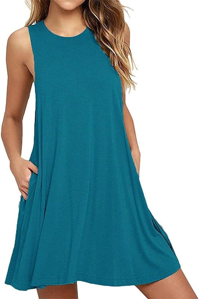 RJXDLT Women's Casual Long Sleeve/Sleeveless Pockets Swing Simple T-Shirt Dress