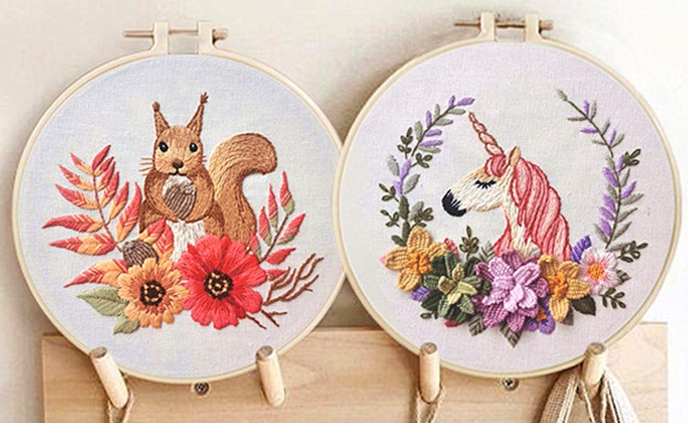 2 Pack Embroidery Kits, Squirrel and Unicorn Awesocrafts Full Range of Embroidery Starter Kits for Beginners Adults Kids DIY Handmade Easy Patterns