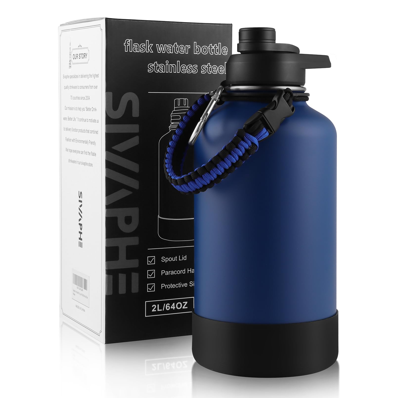 Sivaphe Stainless Steel Water Bottle 2 Litre, Vacuum Insulated Flask with Protective Sleeve, 64oz Large Bottles with Spout Lid for Outdoor, Sports(Blue)