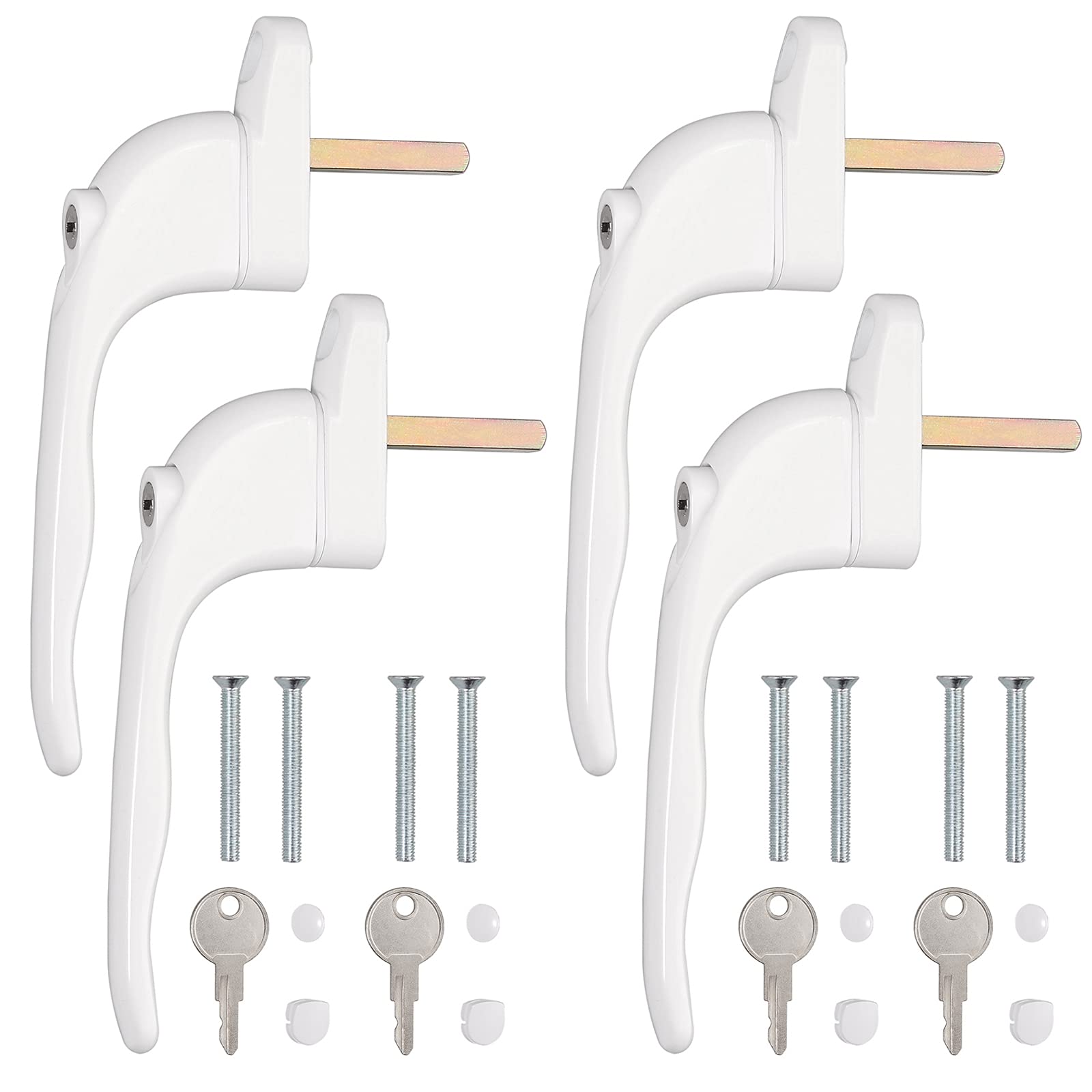 Kamtop 4 PCS Window Handles, Universal Lockable Inline Replacement Window Handles with Key, Aluminum Left or Right Espag Handles for UPVC Window with 43mm Spindle Length, White