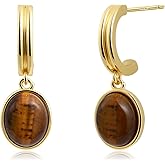 Watforsh 14k Gold Plated Tiger Eye Drop Earrings for Women Half Open Hoop Brown Earrings for Oval Gemstone Jewelry