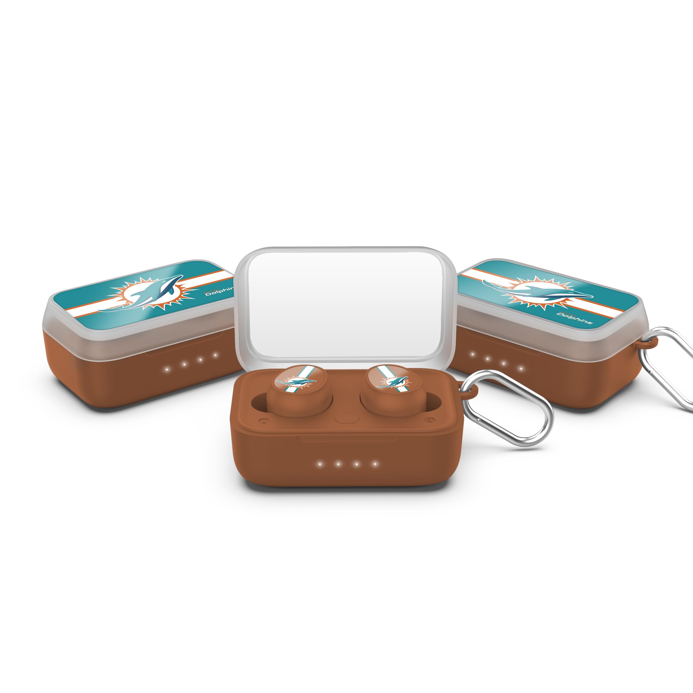 Condition photo showing New/Like New for soar nfl wireless sport earbuds: comfortable fit & convenient charging, miami dolphins