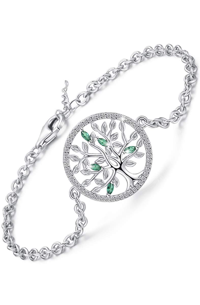 Women Tree of Life Bracelet,925 Sterling Silver Bracelet Charm with Cubic Zirconia＆Emerald,Adjustable 7.09 Inchs Chain Tree of Life Bracelet Jewelry Gift for Women Teen Girls（With Fine Jewelry Box）