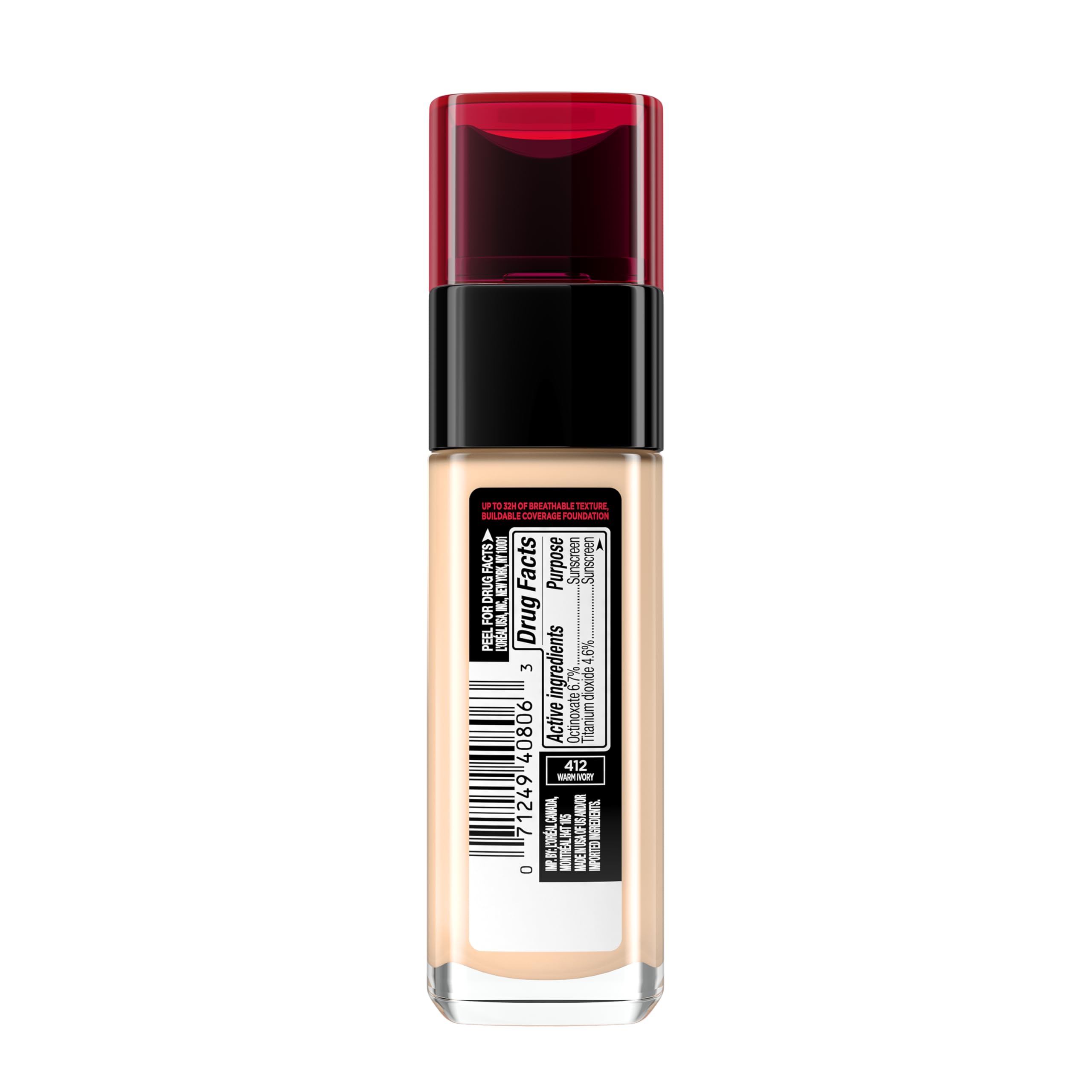 L'Oreal Paris Makeup Infallible Up to 32 Hour Fresh Wear Lightweight Foundation, 412 Warm Ivory, 1 Fl Oz, Packaging May Vary