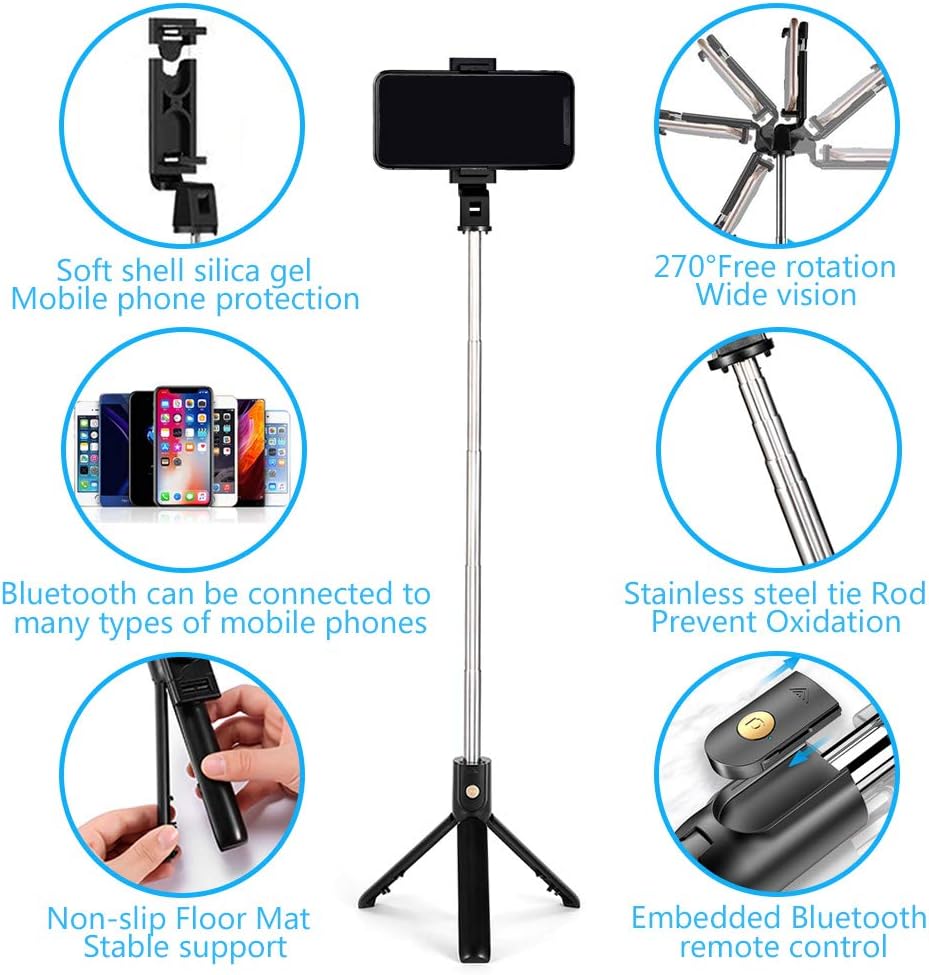 Selfie Stick Tripod, Extendable Bluetooth Selfie Stick with Wireless Remote, Compatible with iPhone 11/11 pro/X/8/8P/7/7P/6s/6, Samsung Galaxy S9/S8/S7/Note 9/8, Huawei and More: Camera & Photo