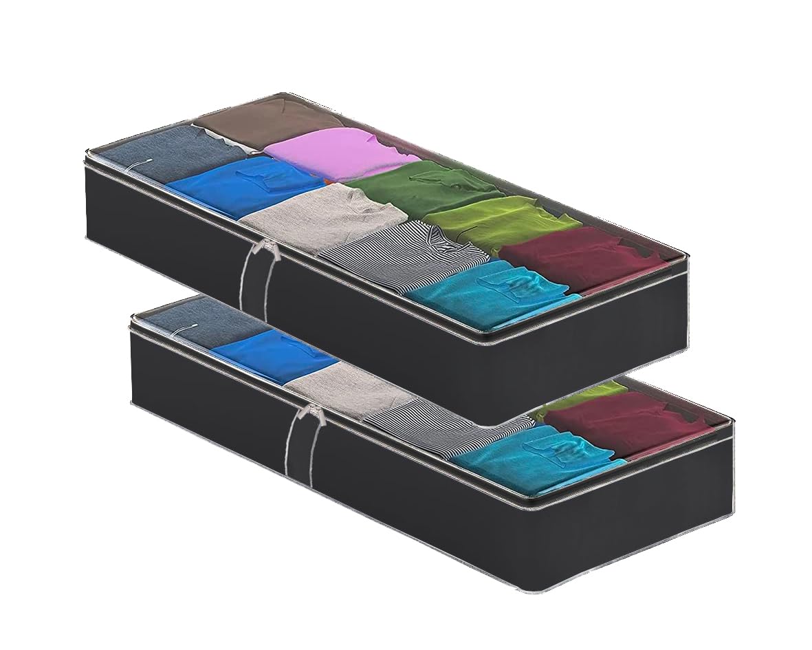 Maishijie 2 Pack Oxford Fabric Underbed Storage Bags, Clothes Storage Bag with clear window, 41.3”x 17.7”x5.9”, 71L Foldable Storage Organizer for Comforter Bedding Clothes Blanket Duvet