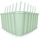 Whaline 12Pcs Sage Green Plastic Cups with Flat Lids Straw Reusable Large Tumbler Travel Mug Cups Party Drinkware Decor for Iced Coffee Beverage Drinks Party Supplies, 24 Oz
