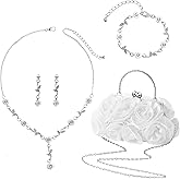 Hicarer 5 Pcs Women Rose Clutch Purse Rose Jewelry Set Evening Handbag Gold Necklace Earring Bracelet for Valentines Gifts