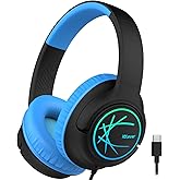 iClever Upgrade USB C Kids Headphones for School, 85dBA Safe Volume, Stereo Sound, Foldable Adjustable, Breathing Light, Over Ear Kids Headphones with Cord for Boys/Girls/iPad/Tablet/Travel