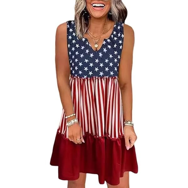 DBAIXID Independence Day Dress For Women Round USA American Flag 1776 Patriotic Sleeveless Summer Dresses Plus Size Freedom Forever Fashion Spaghetti Str