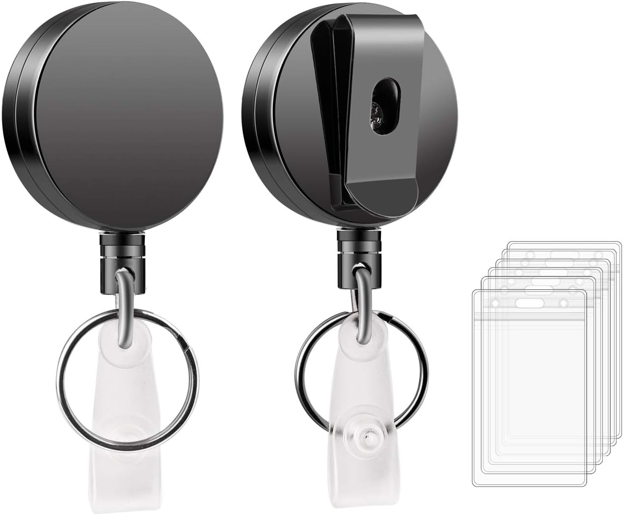 Retractable Badge Holder Reel 2 Pack - Mixoo Heavy Duty Metal ID Badge Holder Key Reel with Belt Clip Key Ring and 27.5 Inch Steel Wire Cord, 6pcs Waterproof Clear Plastic Name Card Holder Included