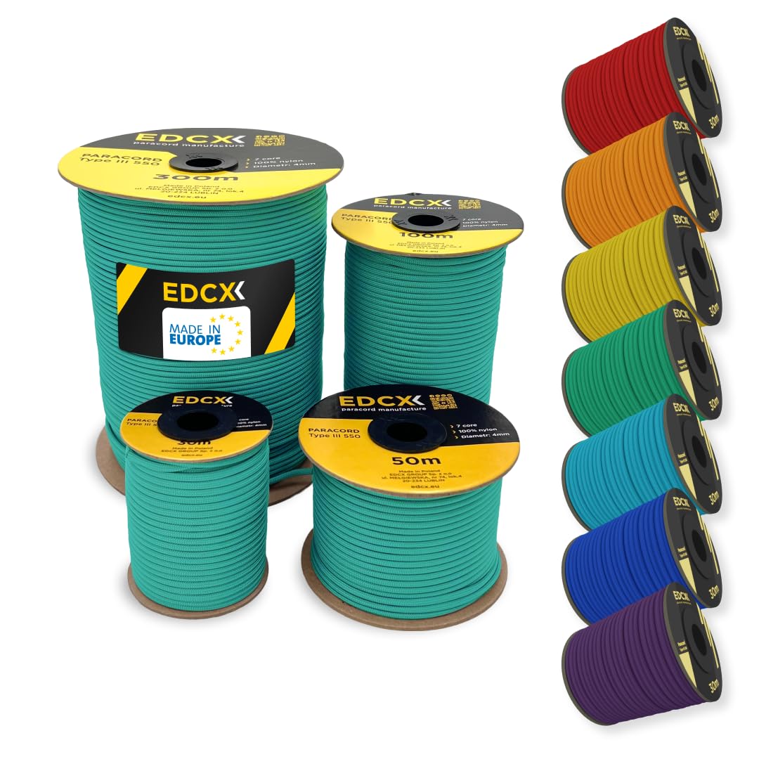 EDCX 4mm Nylon Paracord 550 50m (165 feet) | Ideal for Camping, Survival, Outdoor, Crafting, DIY | 100% Nylon Rope 4mm | Paracord 550 Type III in Solid Color (Emerald Green, 50 m)