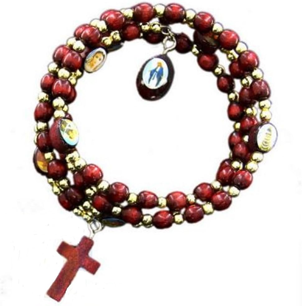 Men or Women's Catholic & Religious Spiral Wrap Dark Red Rosary Bracelet. This Spiral Wrap Wooden Rosary Bracelet Is a Full Rosary.